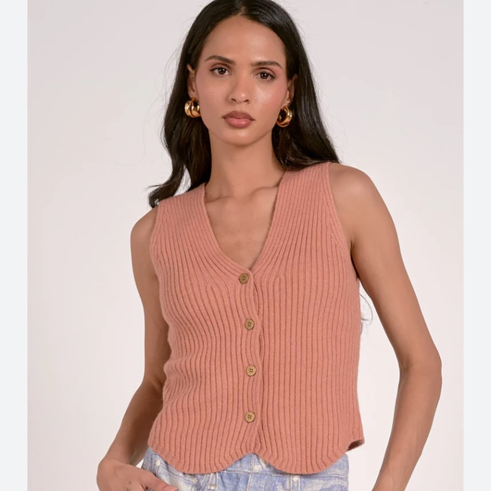 Elan Ribbed V-Neck Button-Front Knit Vest in Muted Terracotta